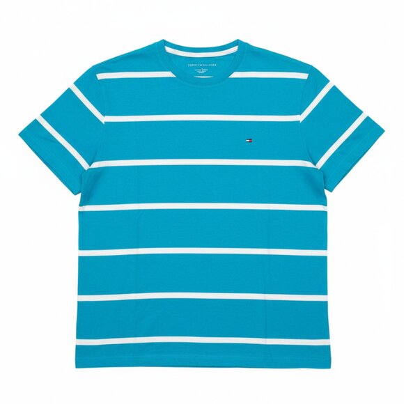 Tommy Hilfiger Sz L Turquoise Blue T-Shirt w/White Stripes L/L Round Neckline - Picture 1 of 7